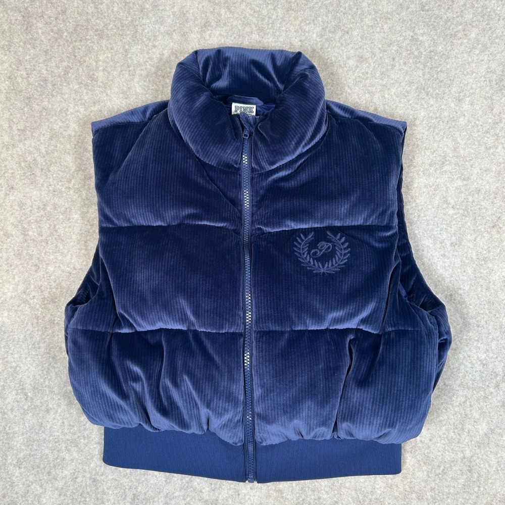 PINK Victoria's Secret Puffer Vest Women Small Navy Blue Corduroy Velvet Crest